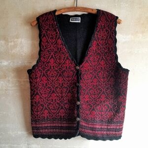 330a. red & black vintage Erika & Co. knit v neck button front vest, M-L?
